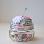 Patchwork Pincushion Jar, Floral, Medium Storage..